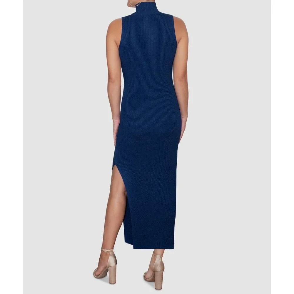 Rachel Roy Cobalt Blue Rib Knit Mock Neck Maxi Dress Side Slit Medium NWOT